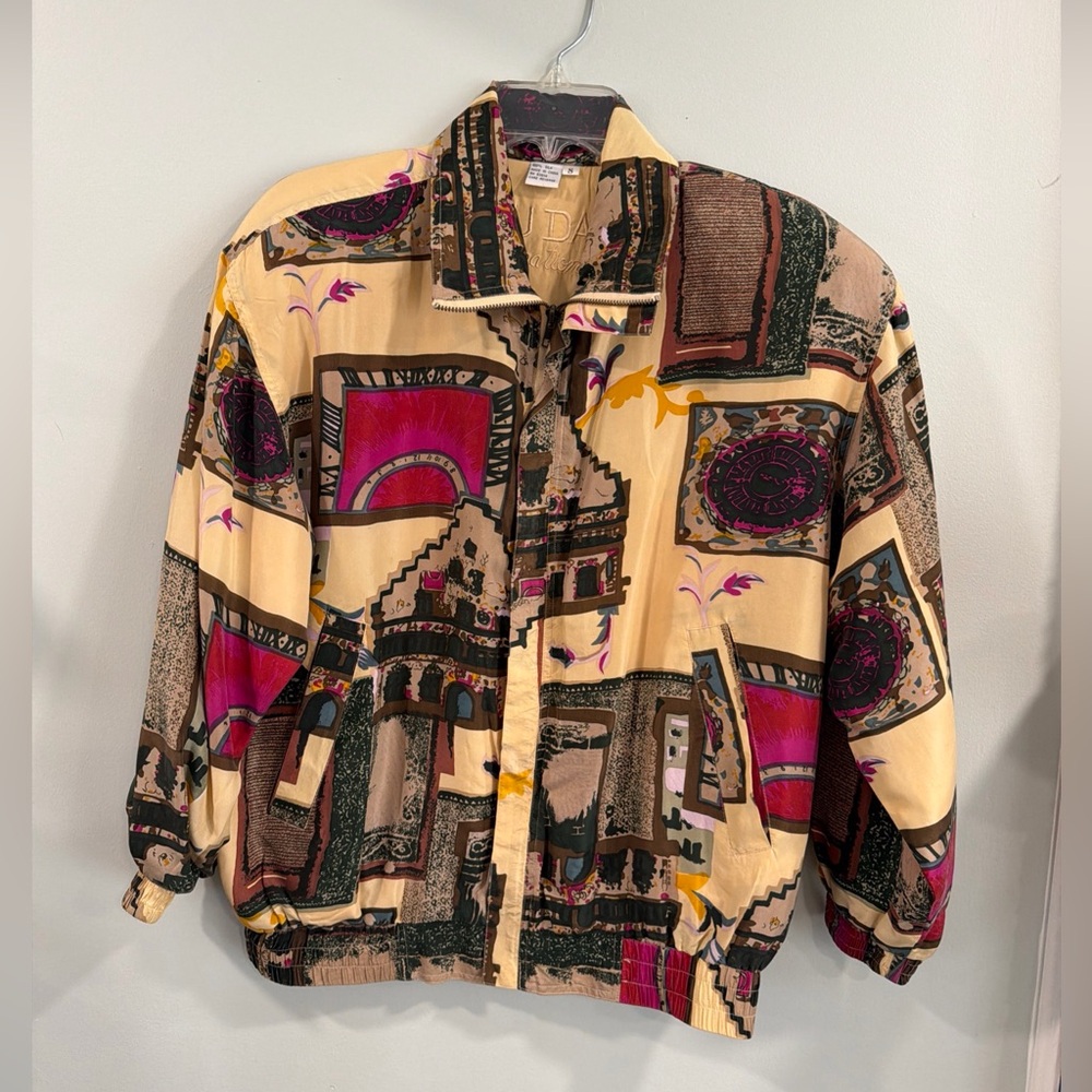 FUDA INTERNATIONAL 100% SILK BOMBER JACKET UNIQUE & RARE PRINT WOMANS SIZE S